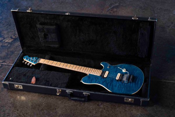 VINTAGE ERNIE BALL MUSIC MAN EDDIE VAN HALEN MODEL 1993 TRANS QUILT BLUE WITH ORIGINAL CASE