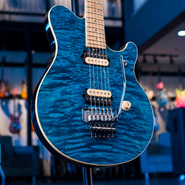 VINTAGE ERNIE BALL MUSIC MAN EDDIE VAN HALEN MODEL 1993 TRANS QUILT BLUE WITH ORIGINAL CASE