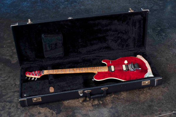 VINTAGE ERNIE BALL MUSIC MAN EDDIE VAN HALEN MODEL 1991 TRANS QUILT RED WITH ORIGINAL CASE