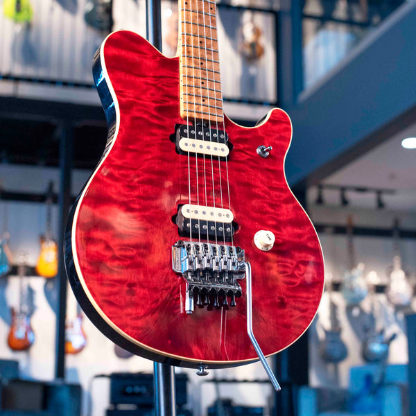 VINTAGE ERNIE BALL MUSIC MAN EDDIE VAN HALEN MODEL 1991 TRANS QUILT RED WITH ORIGINAL CASE