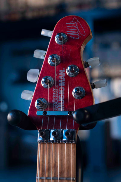 VINTAGE ERNIE BALL MUSIC MAN EDDIE VAN HALEN MODEL 1991 TRANS QUILT RED WITH ORIGINAL CASE