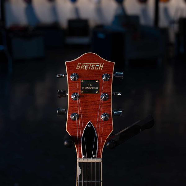 USED GRETSCH G6659TFM PLAYERS EDITION BROADKASTER JR. CENTER BLOCK SINGLE-CUT WITH STRING-THRU BIGSBY AND FLAME MAPLE - BOURBON STAIN WITH CASE