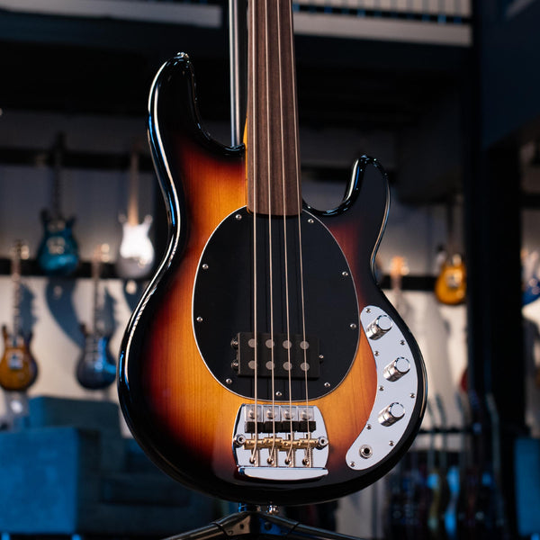 ERNIE BALL MUSIC MAN PINO PALLADINO SIGNATURE STINGRAY FRETLESS BASS - '79 BURST WITH MONO CASE