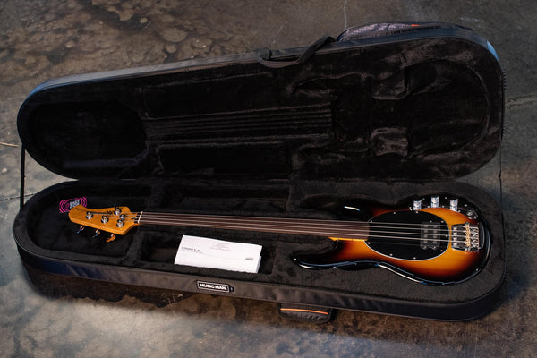 ERNIE BALL MUSIC MAN PINO PALLADINO SIGNATURE STINGRAY FRETLESS BASS - '79 BURST WITH MONO CASE