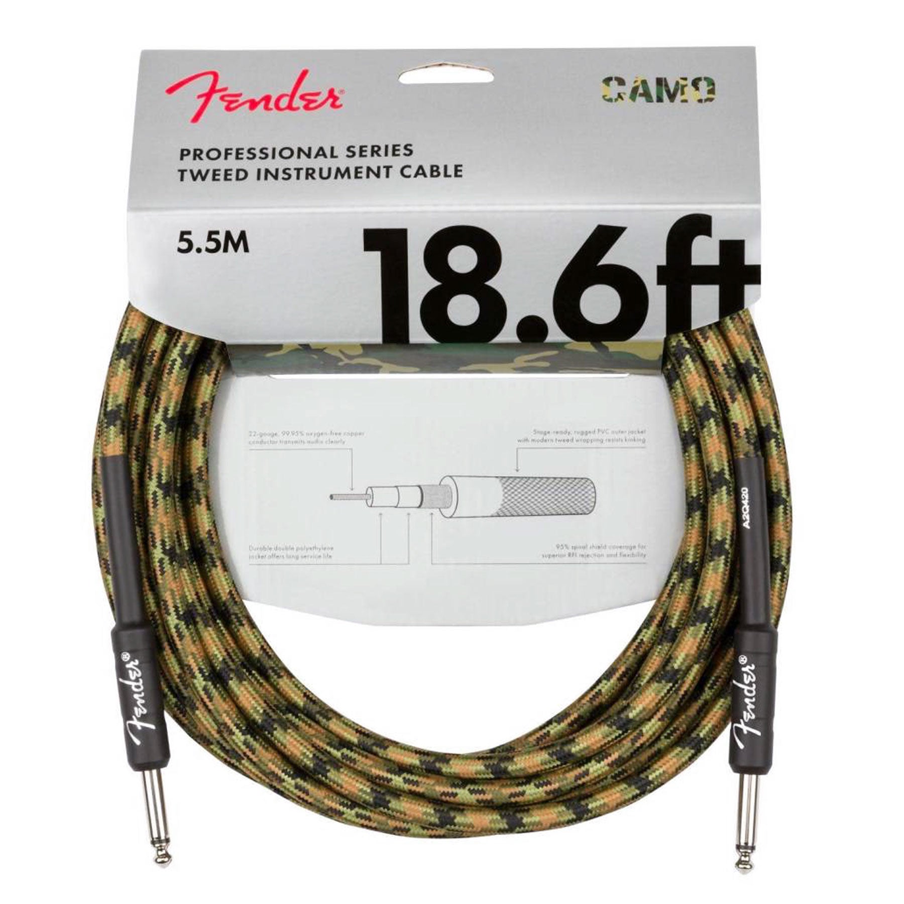 FENDER PROFESSIONAL SERIES INSTRUMENT CABLE 18.6’ WOODLAND CAMO STRAIGHT TO STRAIGHT