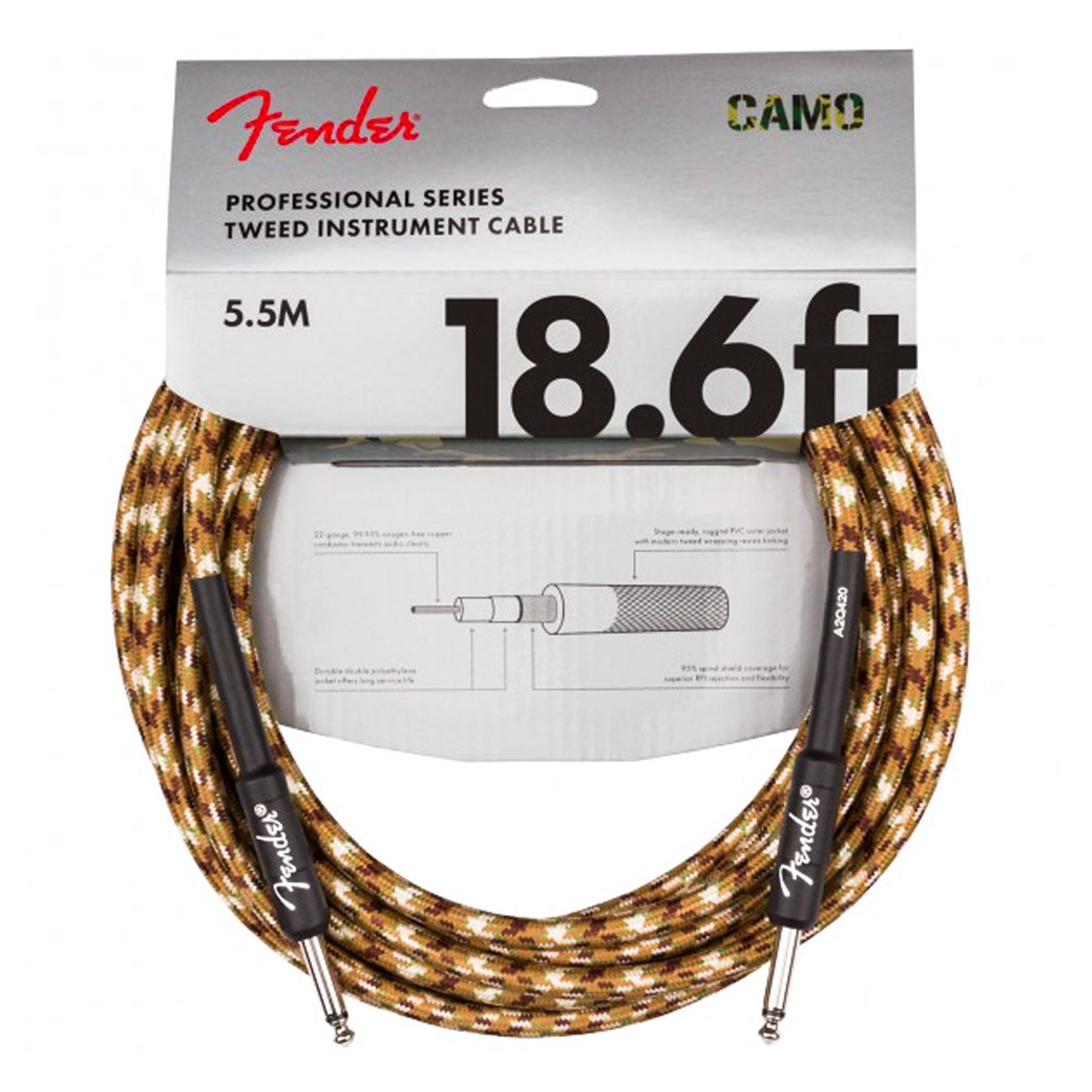 FENDER PROFESSIONAL SERIES INSTRUMENT CABLE 18.6’ DESERT CAMO STRAIGHT TO STRAIGHT