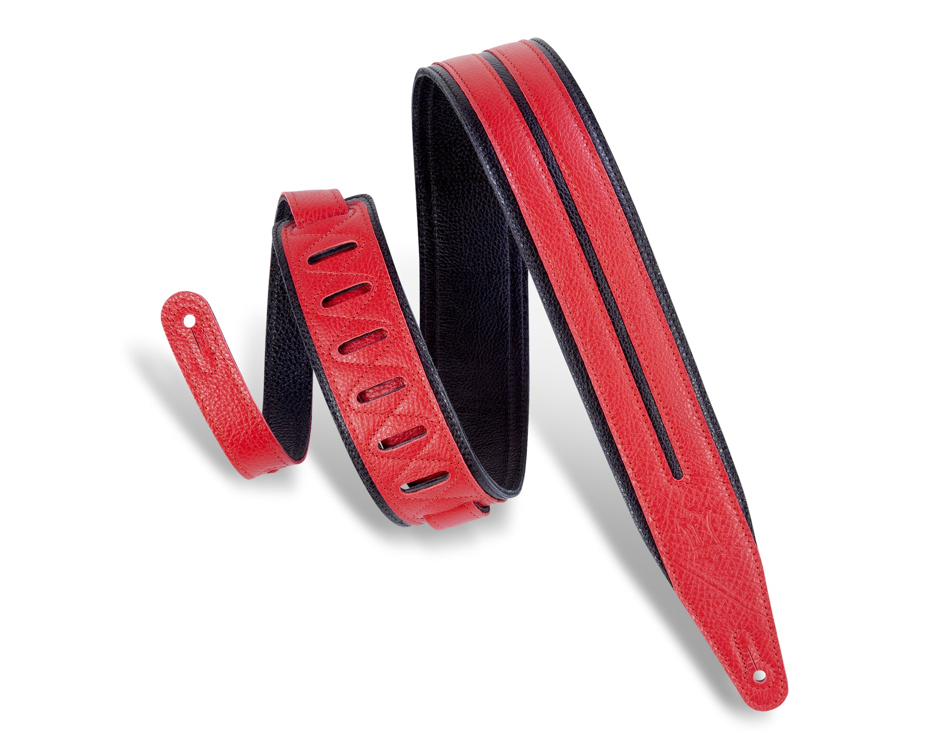 LEVY'S MG317DRS-BLK_RED 2.5” GARMENT LEATHER DOUBLE RACING STRIPE GUITAR STRAP- BLACK AND RED