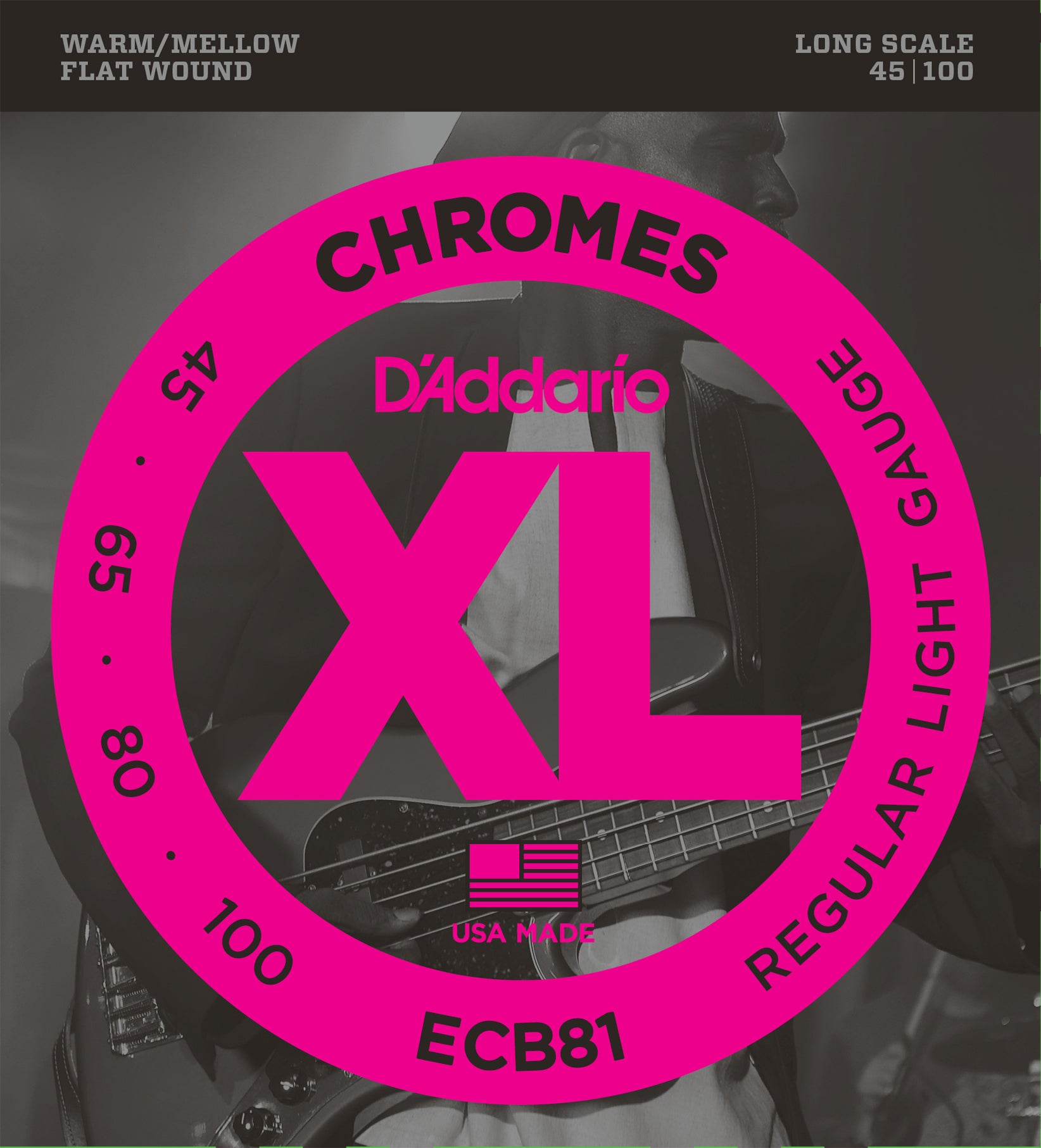 D'ADDARIO CHROMES FLAT WOUND BASS STRINGS REGULAR LIGHT 45-100