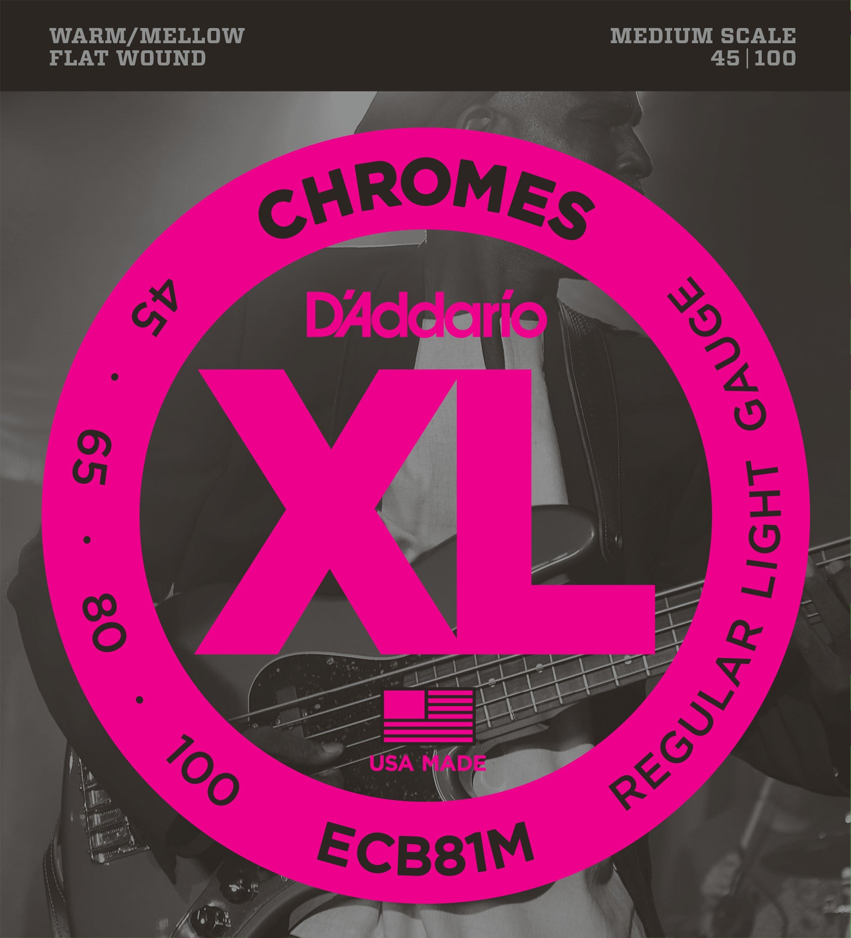 D'ADDARIO CHROMES FLAT WOUND BASS STRINGS REGULAR LIGHT MEDIUM SCALE 45-100