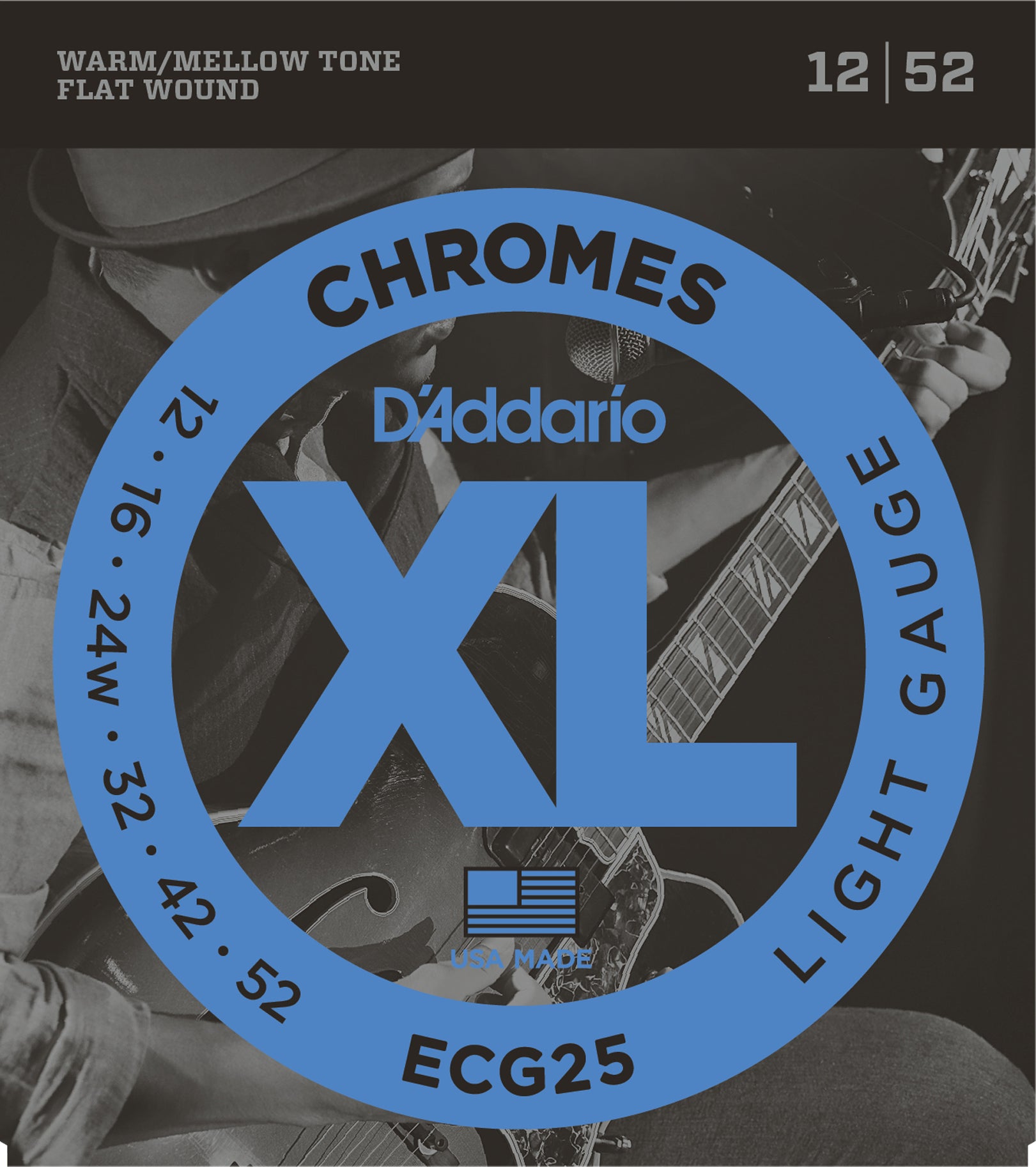 D'ADDARIO CHROMES FLAT WOUND ELECTRIC GUITAR STRINGS LIGHT 12-52