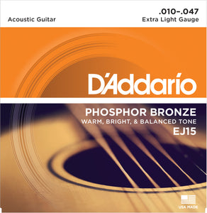 D'ADDARIO PHOSPHOR BRONZE ACOUSTIC GUITAR STRINGS EXTRA LIGHT .010-.047