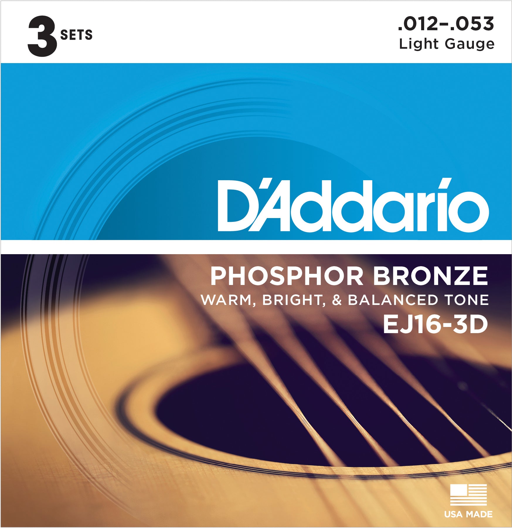 D'ADDARIO PHOSPHOR BRONZE ACOUSTIC GUITAR STRINGS LIGHT .012-.053 3 PACK