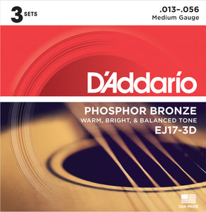 D'ADDARIO PHOSPHOR BRONZE ACOUSTIC GUITAR STRINGS MEDIUM .013-.056 3 PACK