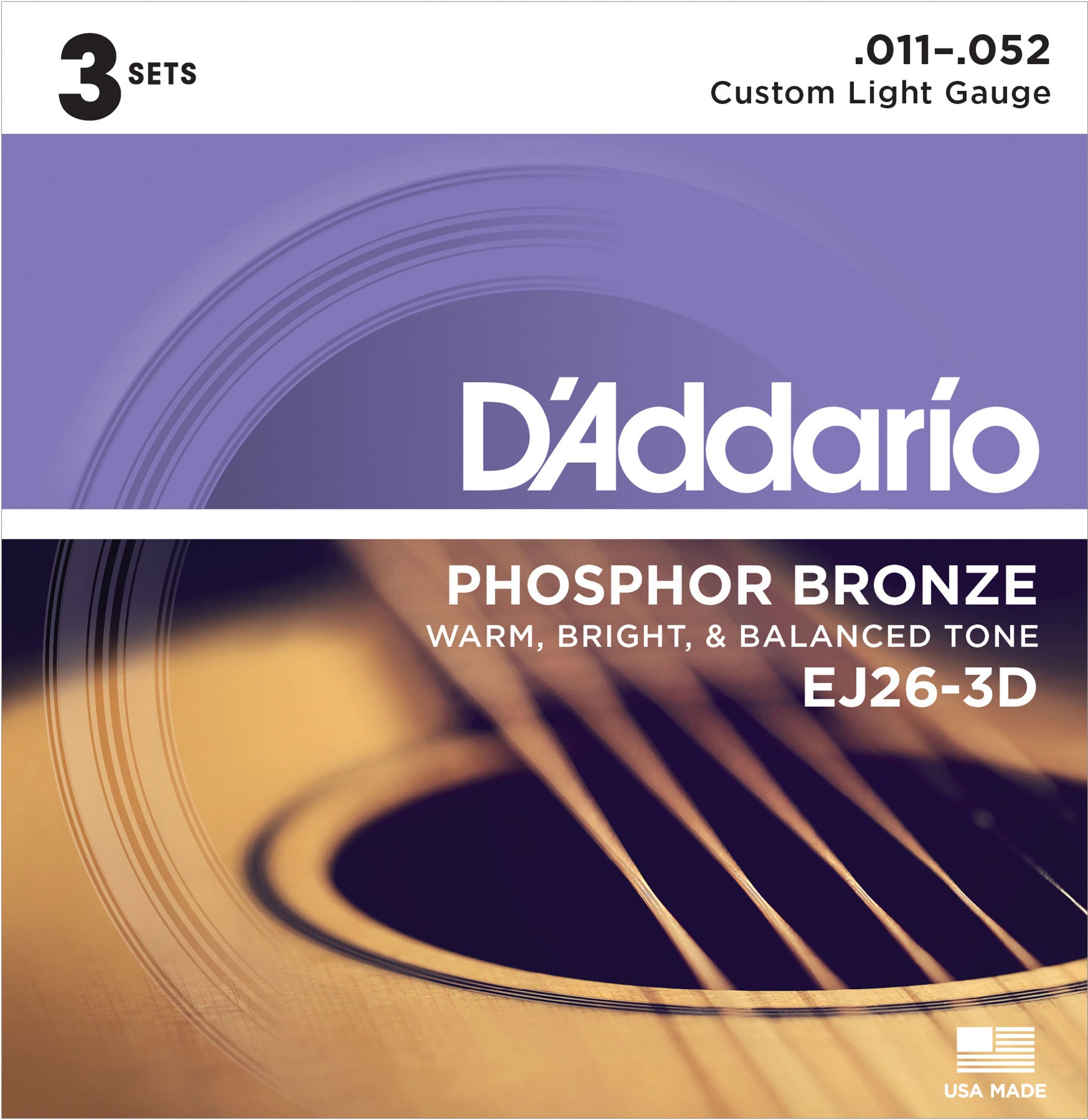 D'ADDARIO PHOSPHOR BRONZE ACOUSTIC GUITAR STRINGS CUSTOM LIGHT .011-.052 3 PACK