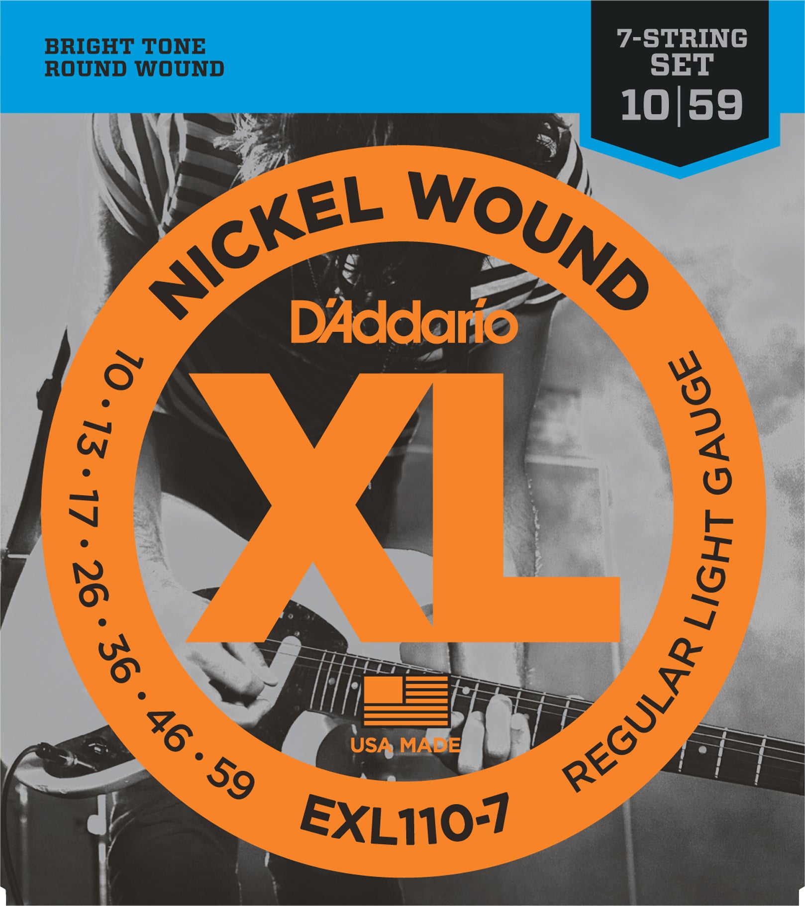 D'ADDARIO EXL110-7 NICKEL WOUND 7 STRING REGULAR LIGHT ELECTRIC GUITAR STRINGS 10-59
