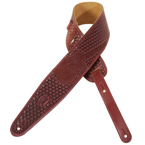 LEVY'S 3" VEG-TAN LEATHER STRAP W/ BASKET WEAVE AND GUITAR INLAY BURGANDY