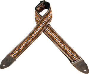 LEVY'S 2" JACQUARD WEAVE GUITAR STRAP WITH VINTAGE HOOTENANNY DESIGN SOFT LEATHER BACKING BROWN/ORANGE