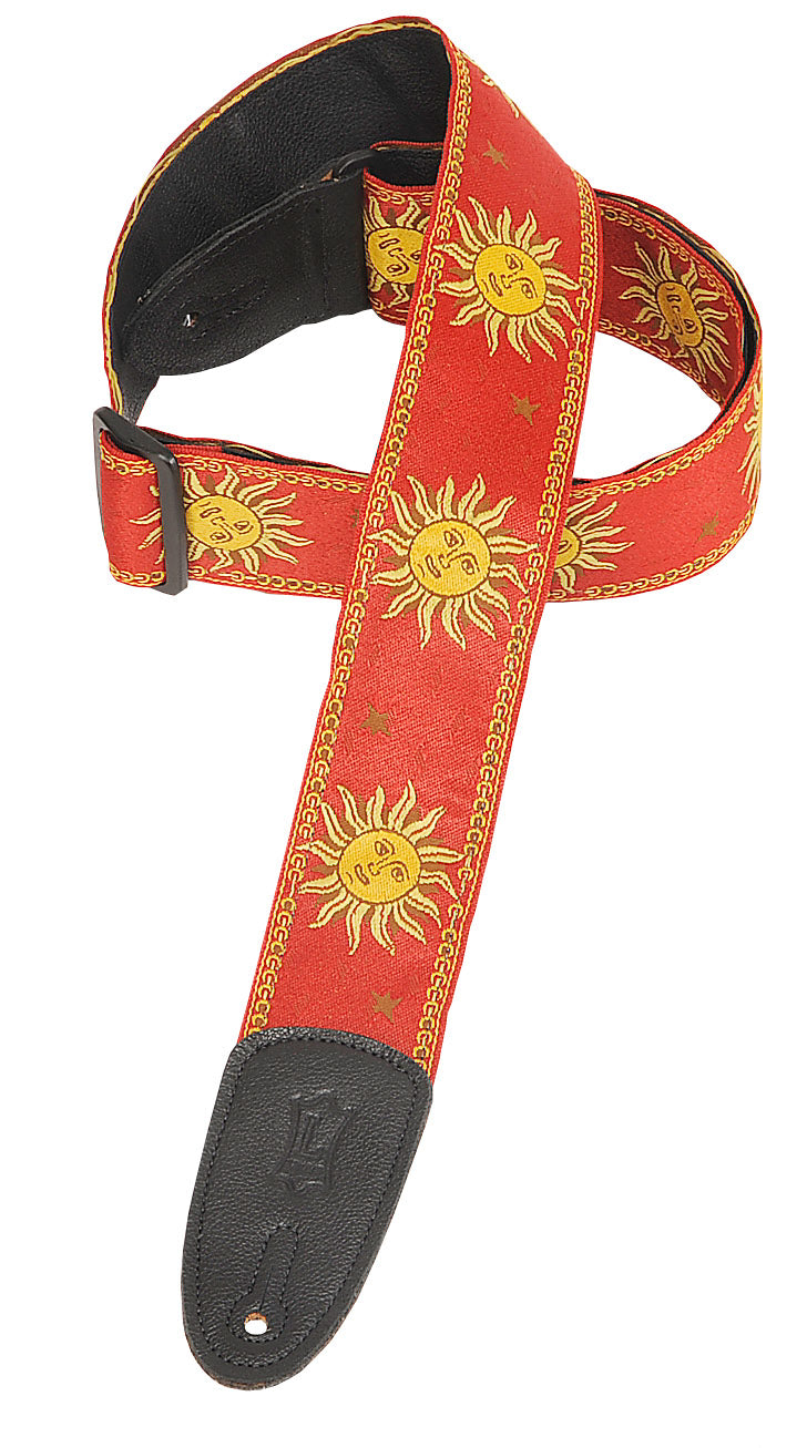 LEVY'S MPJG-SUN-RED 2" SUN DESIGN JACQUARD WEAVE GUITAR STRAP WITH GARMENT LEATHER BACKING- RED