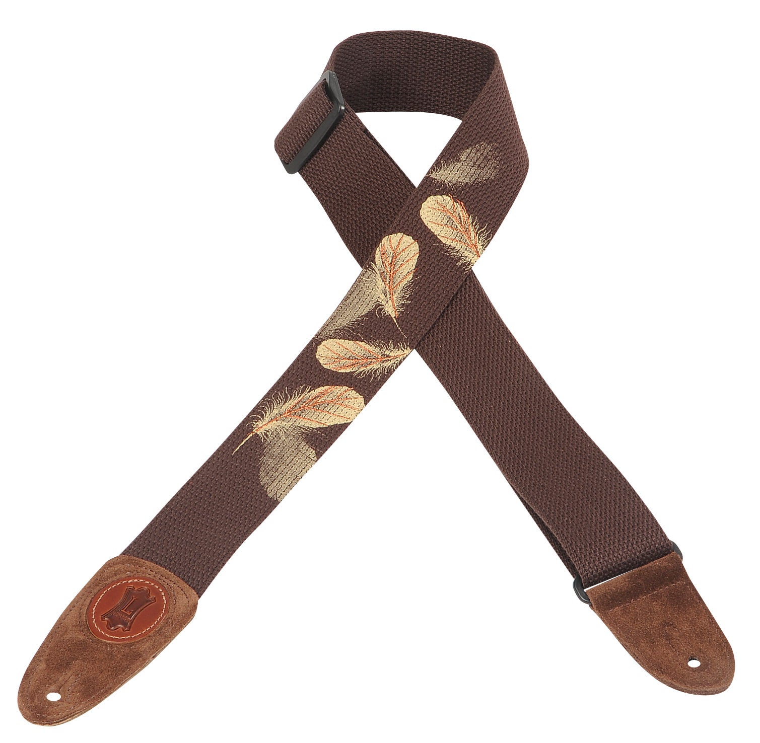 LEVY'S 2" COTTON GUITAR STRAP WITH PRINTED AND EMBROIDERED DESIGN BROWN W/ FEATHERS