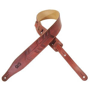 LEVY'S 2 1/2" HAND-DYED VEG-TAN LEATHER GUITAR STRAP HAND TOOLED WITH SUEDE BACKING - BURGUNDY