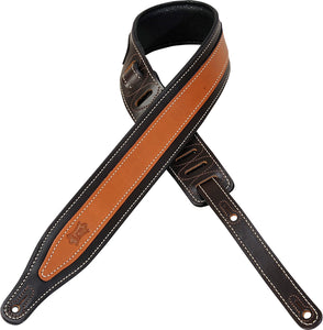 LEVY'S 2 1/2" TWO-TONE CARVING LEATHER GUITAR STRAP DARK BROWN AND TAN